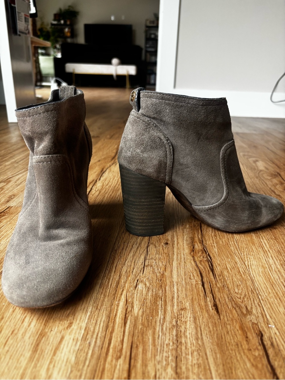 Tory Butch Women's Taupe Suede Block Heel Ankle Boots